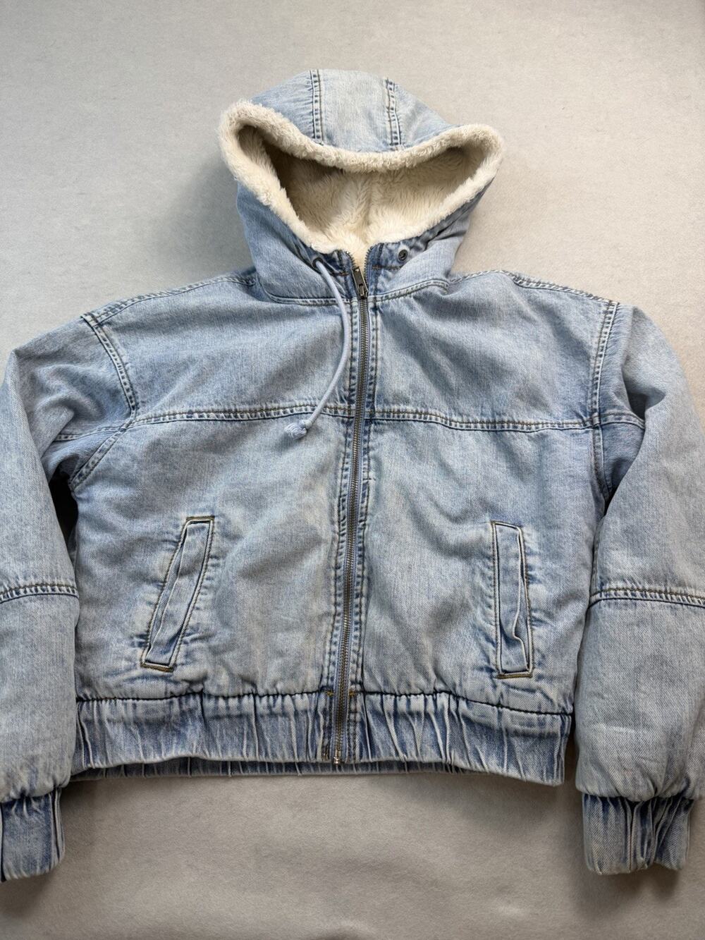American Eagle Women XXS Denim Jean Jacket Sherpa Fleece hooded zip